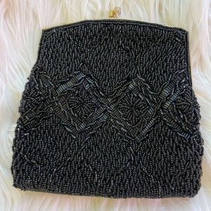 Vintage Black Beaded Clutch with Gold Chain Strap